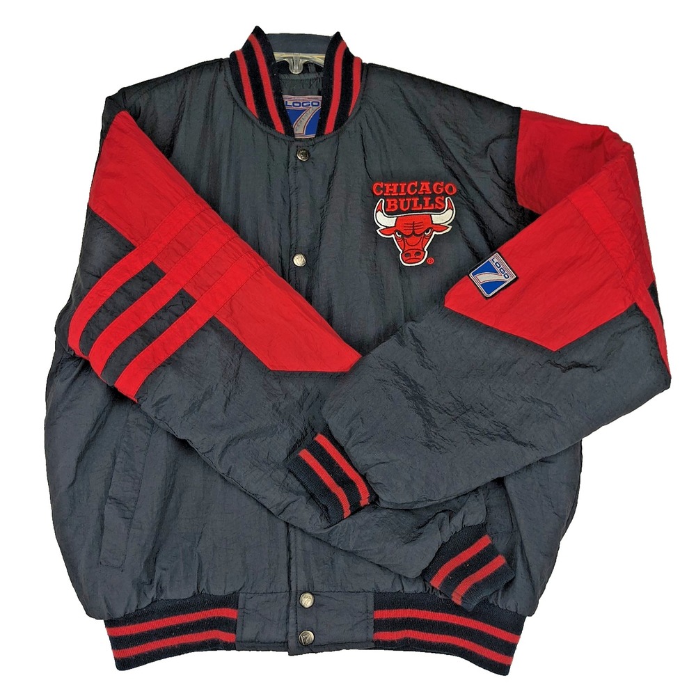 Vintage‎ Logo 7 Chicago Bulls NBA Varsity Bomber Jacket Youth XL Black Red 90s